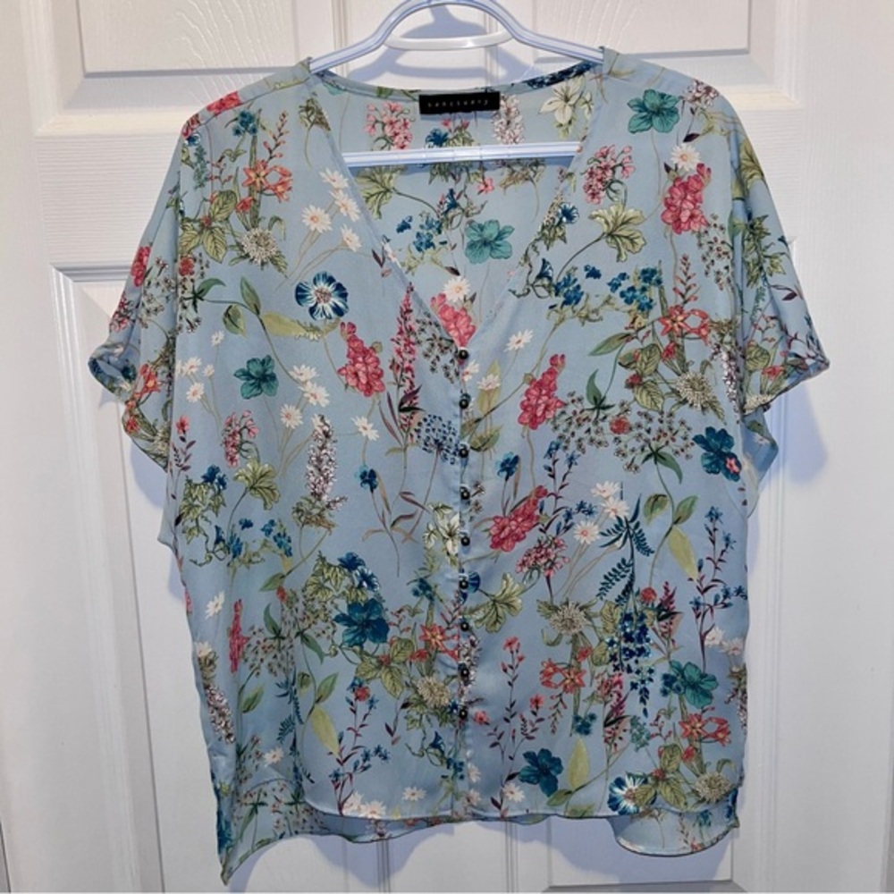 Sanctuary blouse floral Women Large blue short sleeve boho summer feminine
